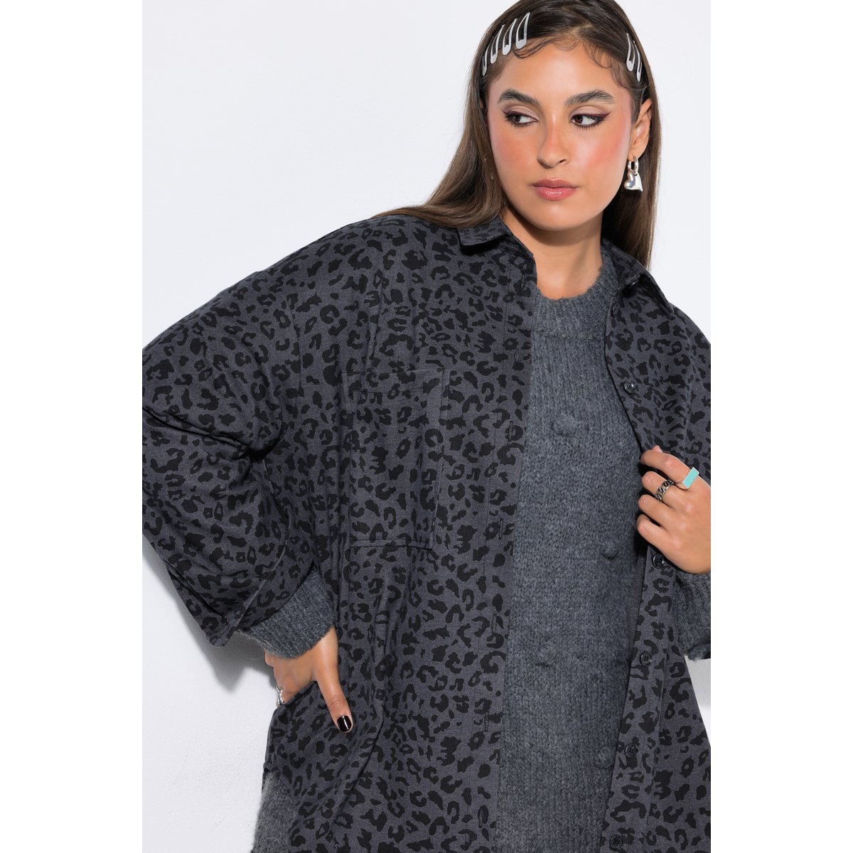 Chemise, coupe oversize, imprimé léopard anthracite, STUDIO UNTOLD