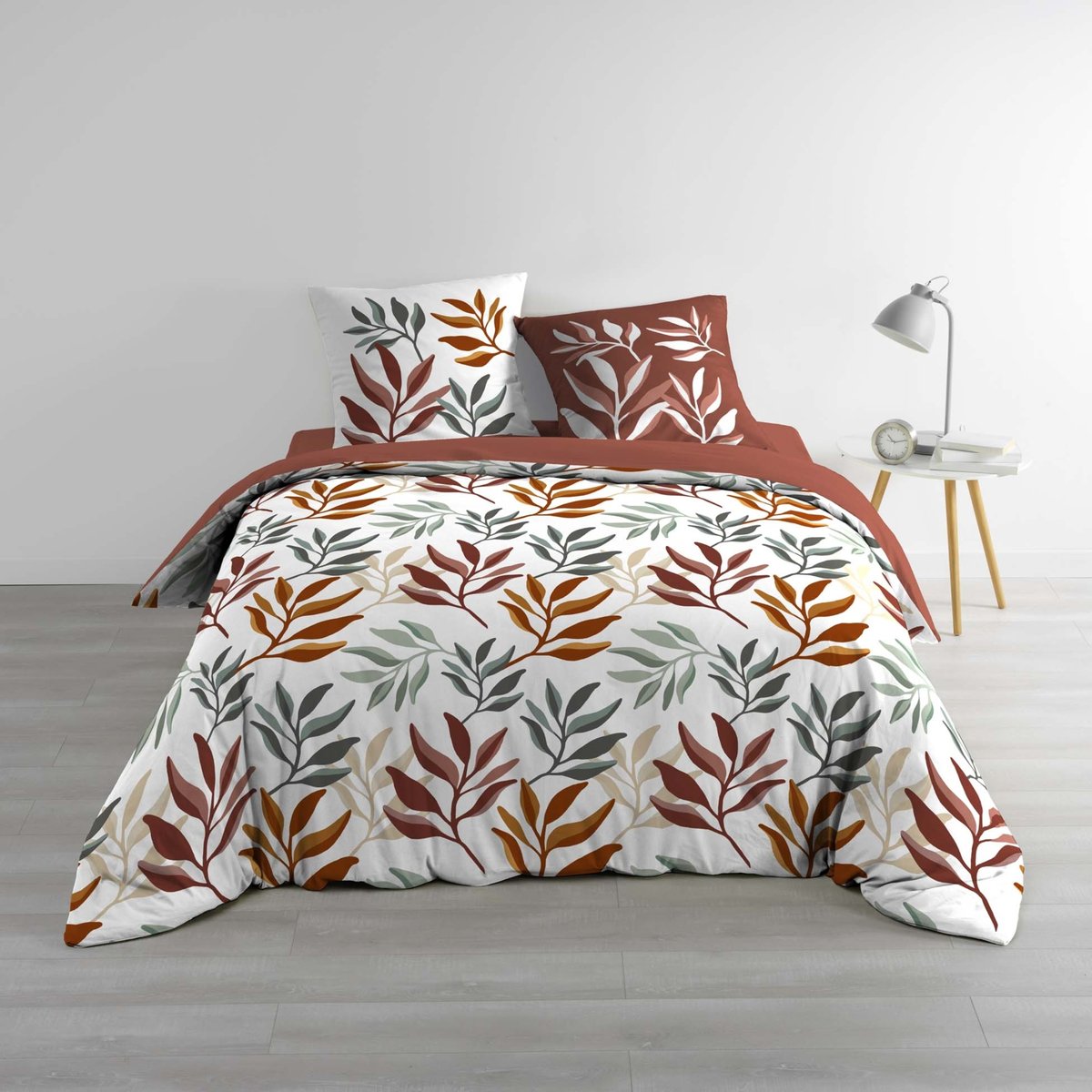 Parure de lit 3 pièces 100 % coton imprimé à motif végétal housse + taies rouge, DOUCEUR D'INTÉRIEUR