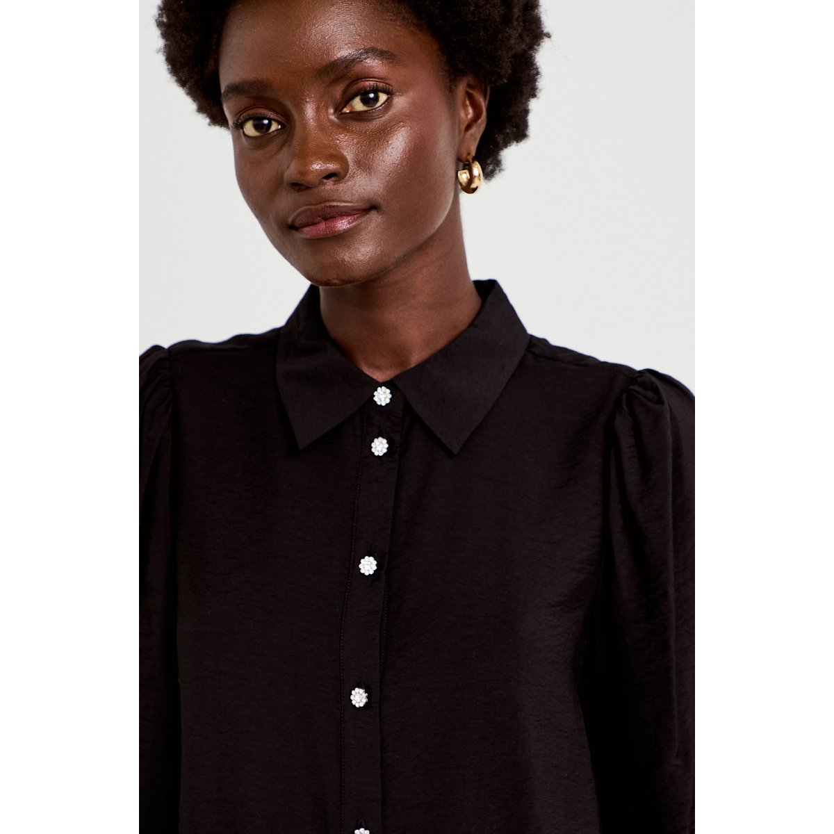Chemise droite plissée col américain noir, CACHE CACHE