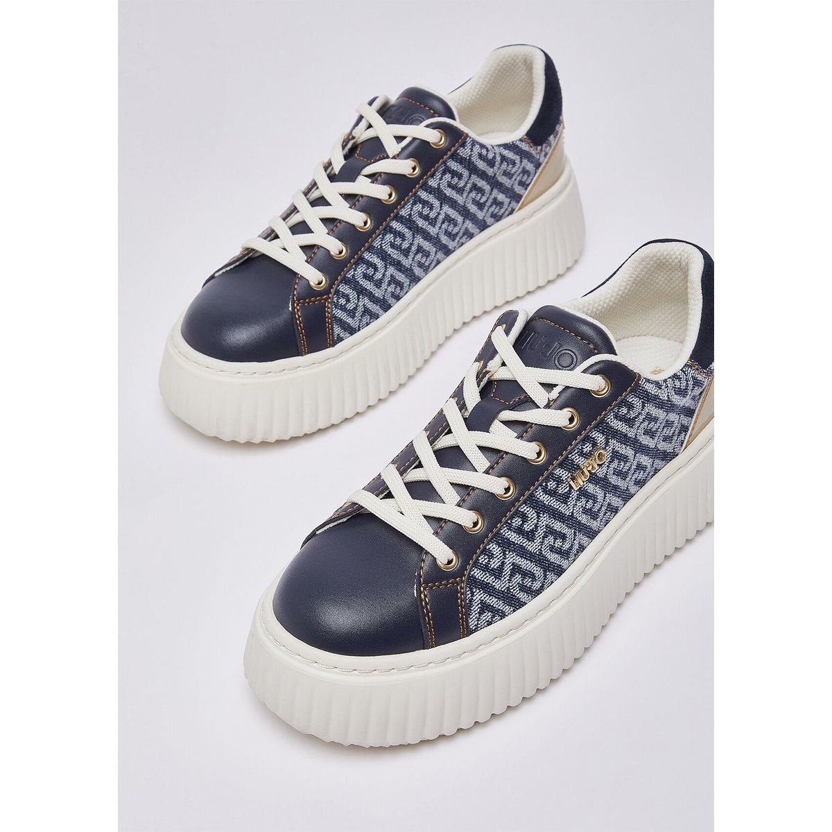 Sneakers à plateforme en denim monogramme bleu foncé, LIU JO
