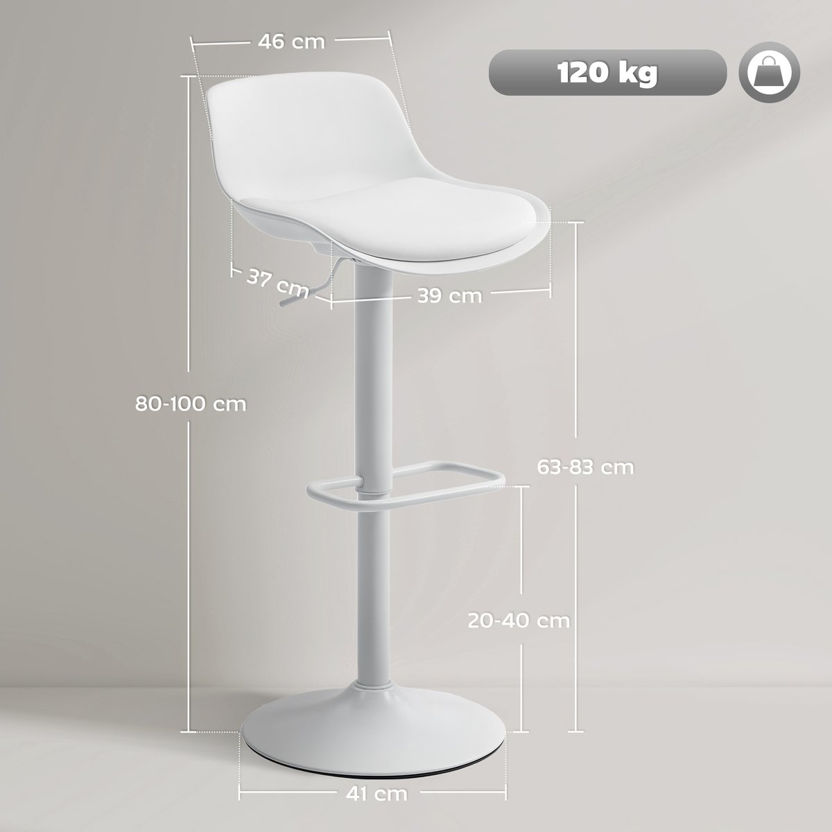 Tabouret de bar PU et acier Blanc blanc, HOMCOM