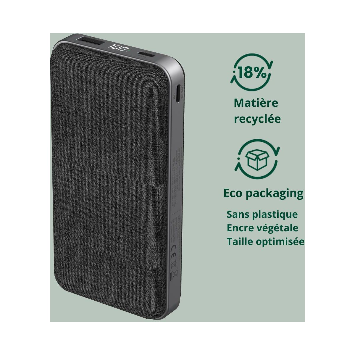 Batterie externe 20000 mAh Power Delivery noir couleur unique, ADEQWAT