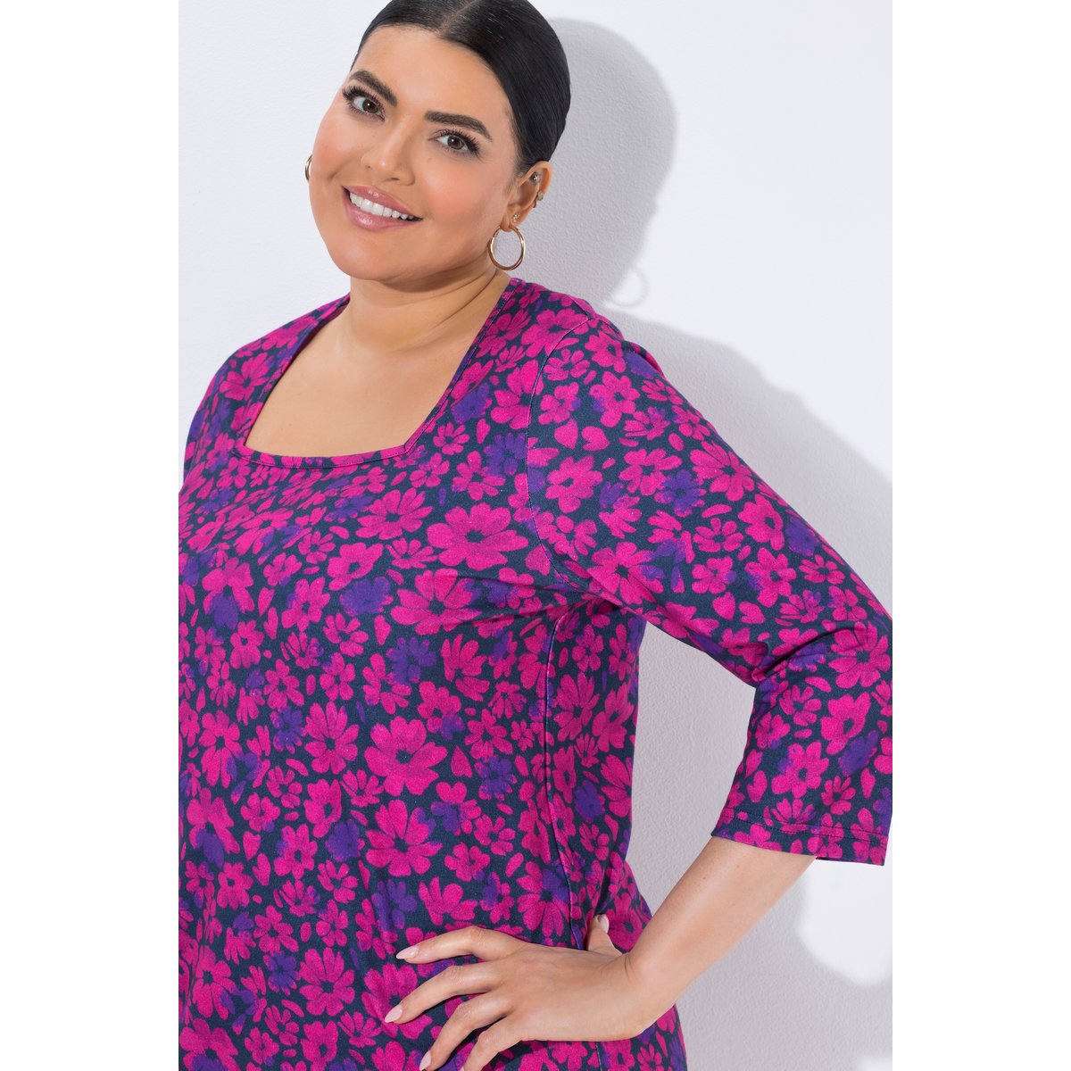T-shirt long motif à fleurs marine, ULLA POPKEN