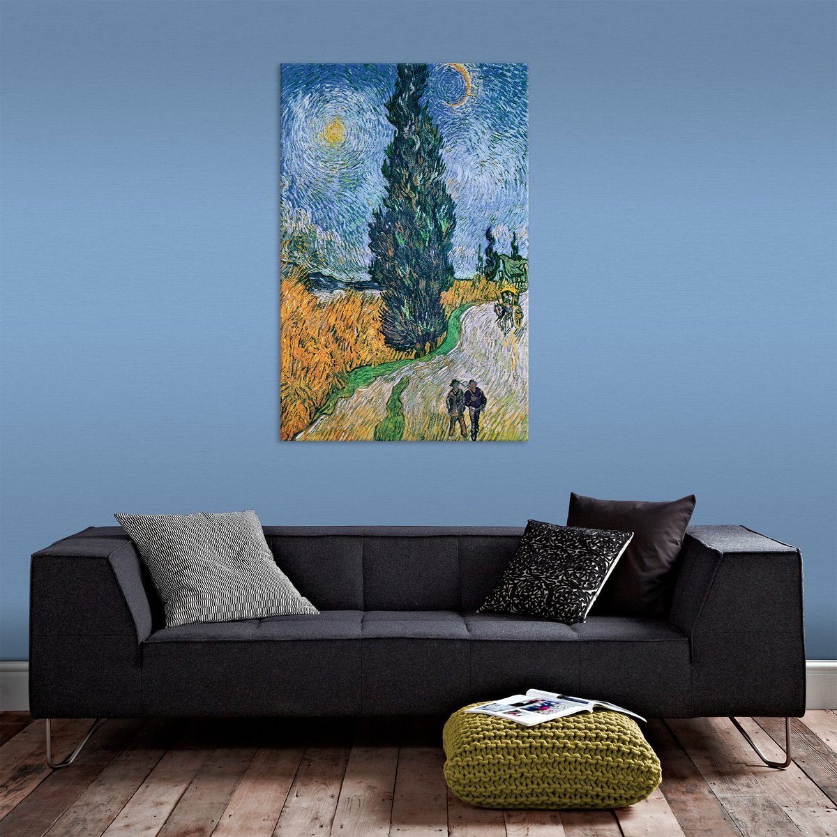 Toile imprimée Vincent van Gogh Route de campagne en Provence la nuit bleu, ocre, gris, vert, ART FOR THE HOME