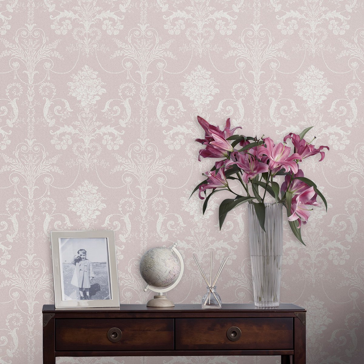 Papier peint Damassé Josette rose/blanc, LAURA ASHLEY