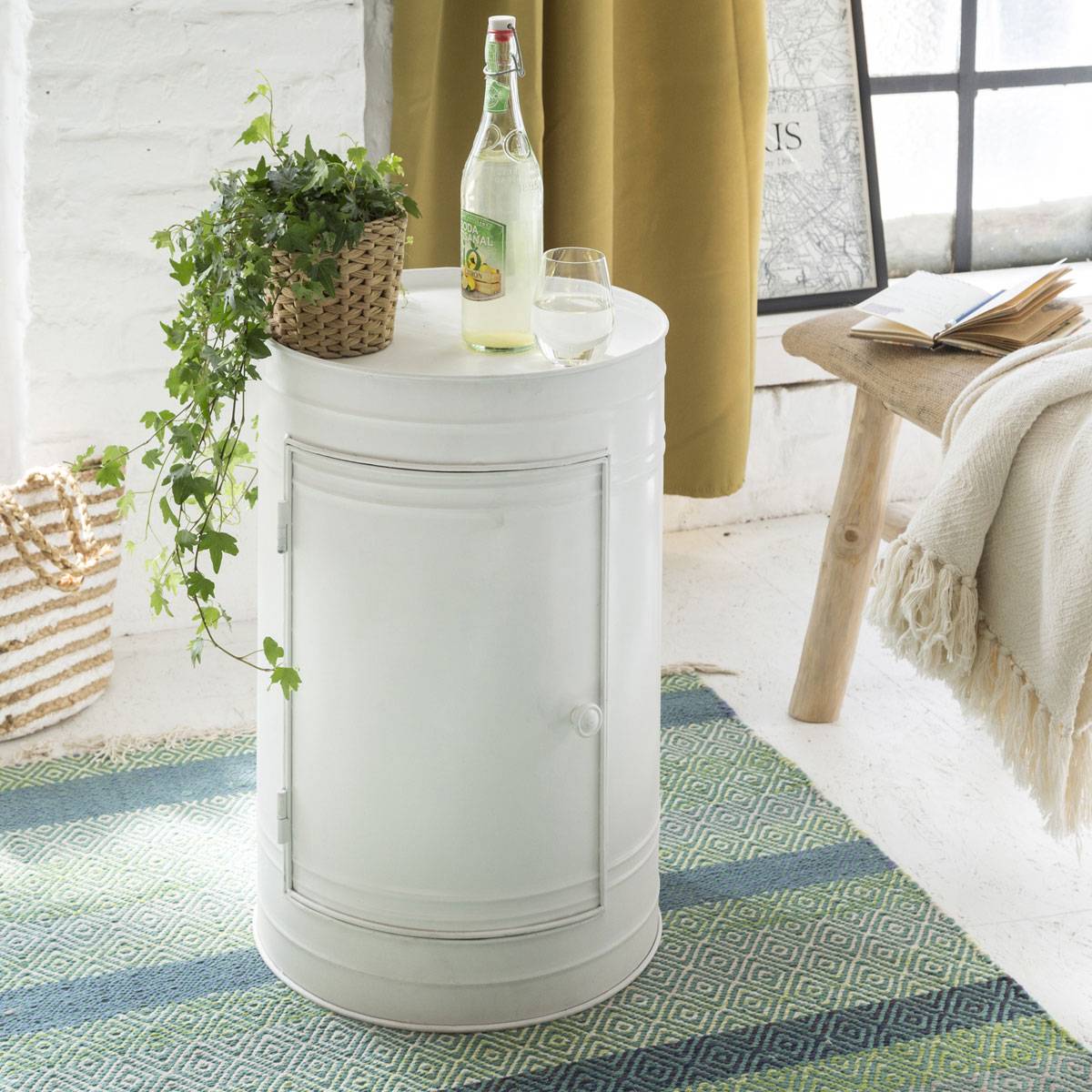 Table de chevet bidon en métal blanc MERYL blanc, MADE IN MEUBLES