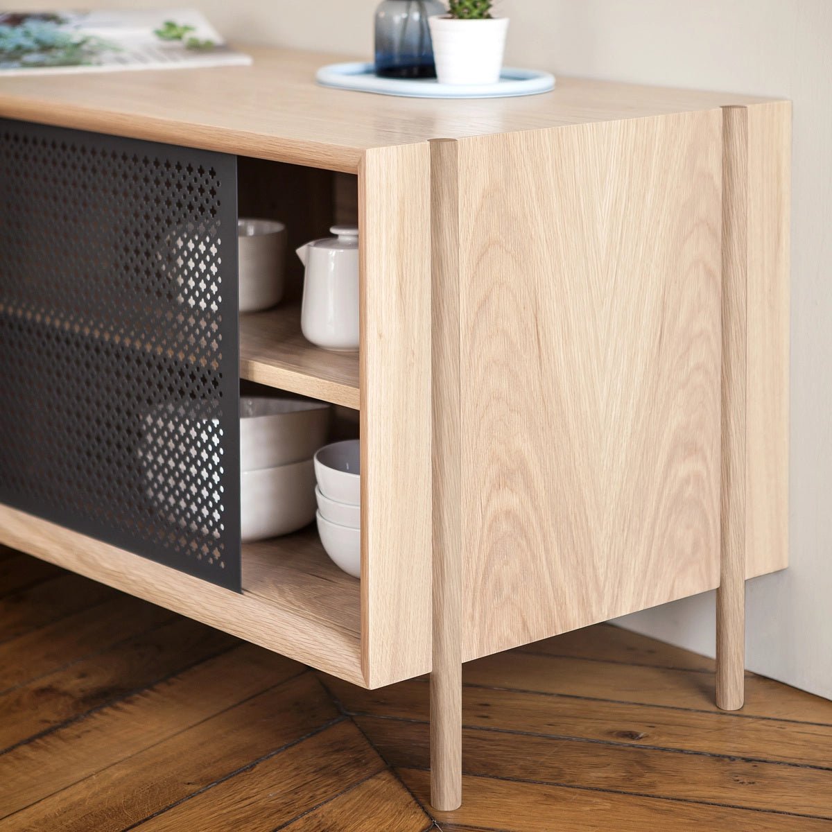 Buffet en chêne avec portes en métal, GABIN gris ardoise, HARTO