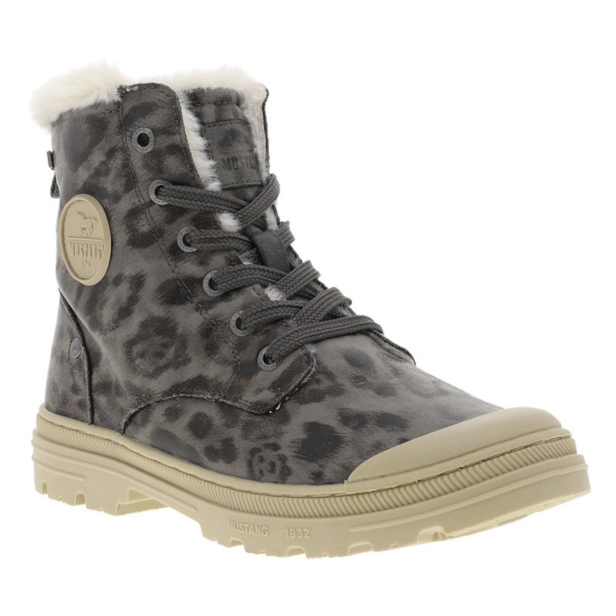 Bottines grises à imprimé léopard à talon décroché bas avec zip et lacets léopard, MUSTANG