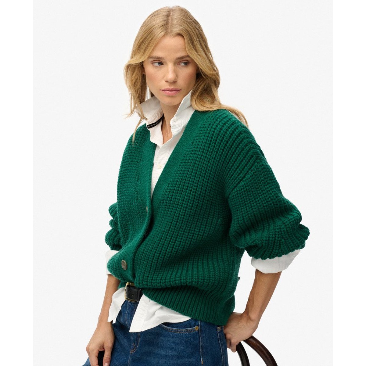 Cardigan Col V Épais vert, SUPERDRY