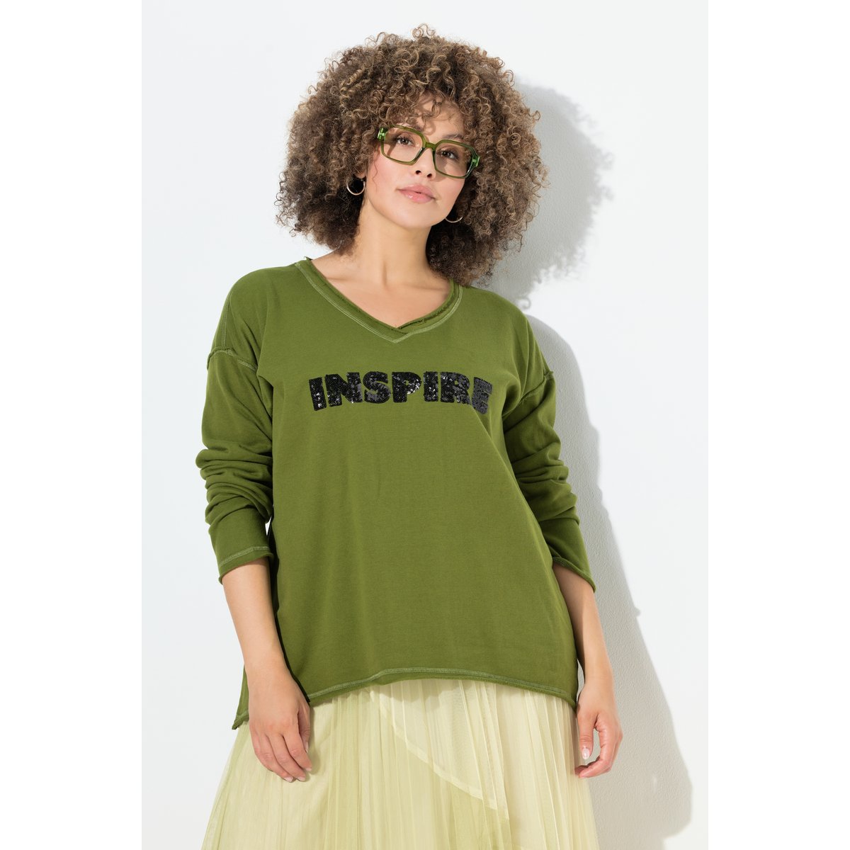 Sweat-shirt à encolure en V et vert sapin, ULLA POPKEN
