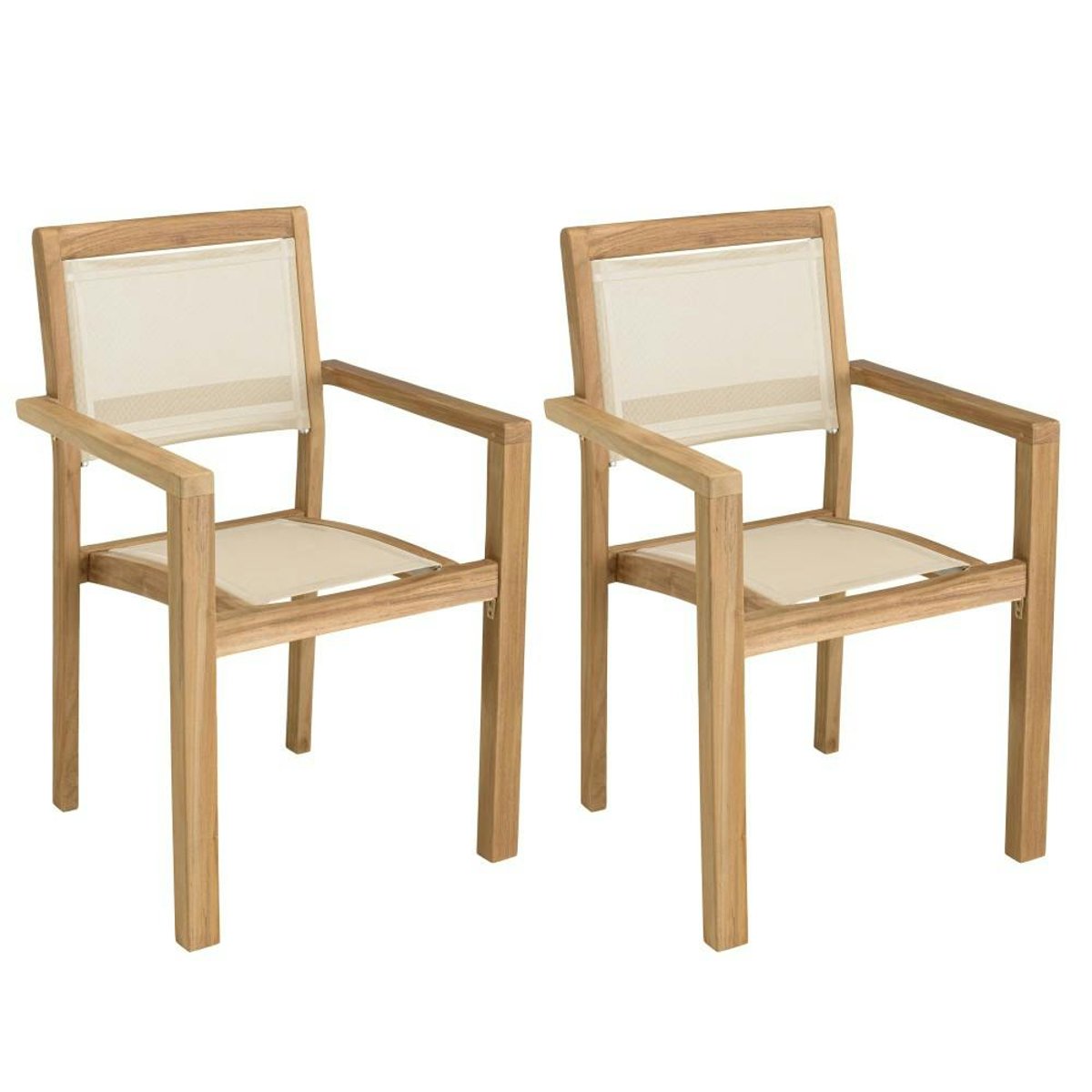 Lot de 2 fauteuils empilables teck et textilène couleur beige ALERIA bois naturel, PIER IMPORT