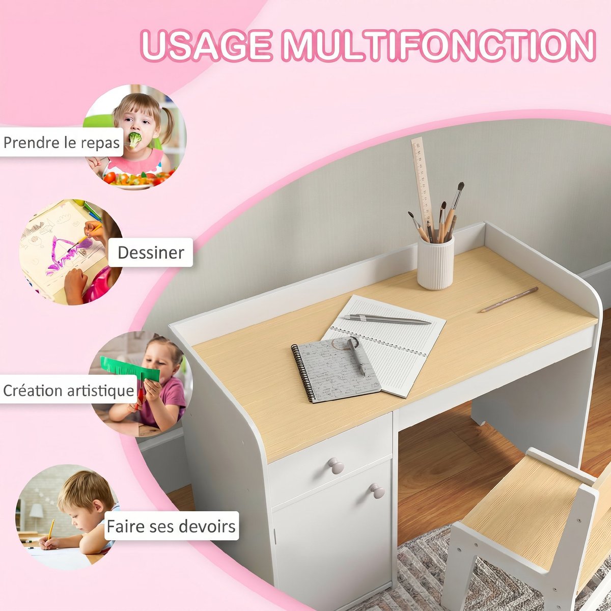 Bureau d'étude pour enfants avec chaise MDF blanc et bois clair, ZONEKIZ