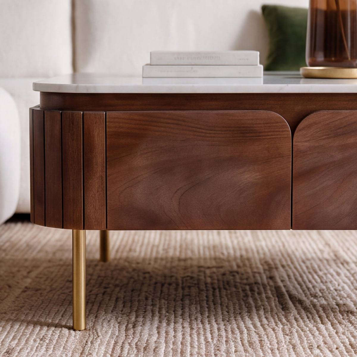 Table basse carrée en bois de manguier et marbre SIENNE bois foncé, MADE IN MEUBLES 