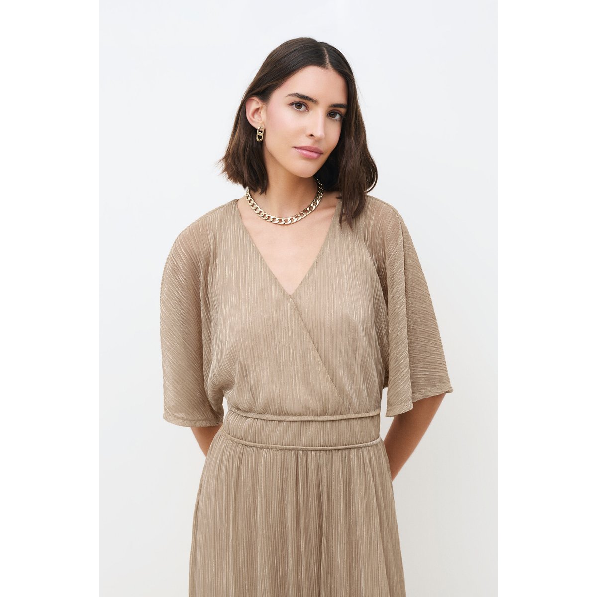 Robe évasée col v RSHANO couleur or, CAROLL