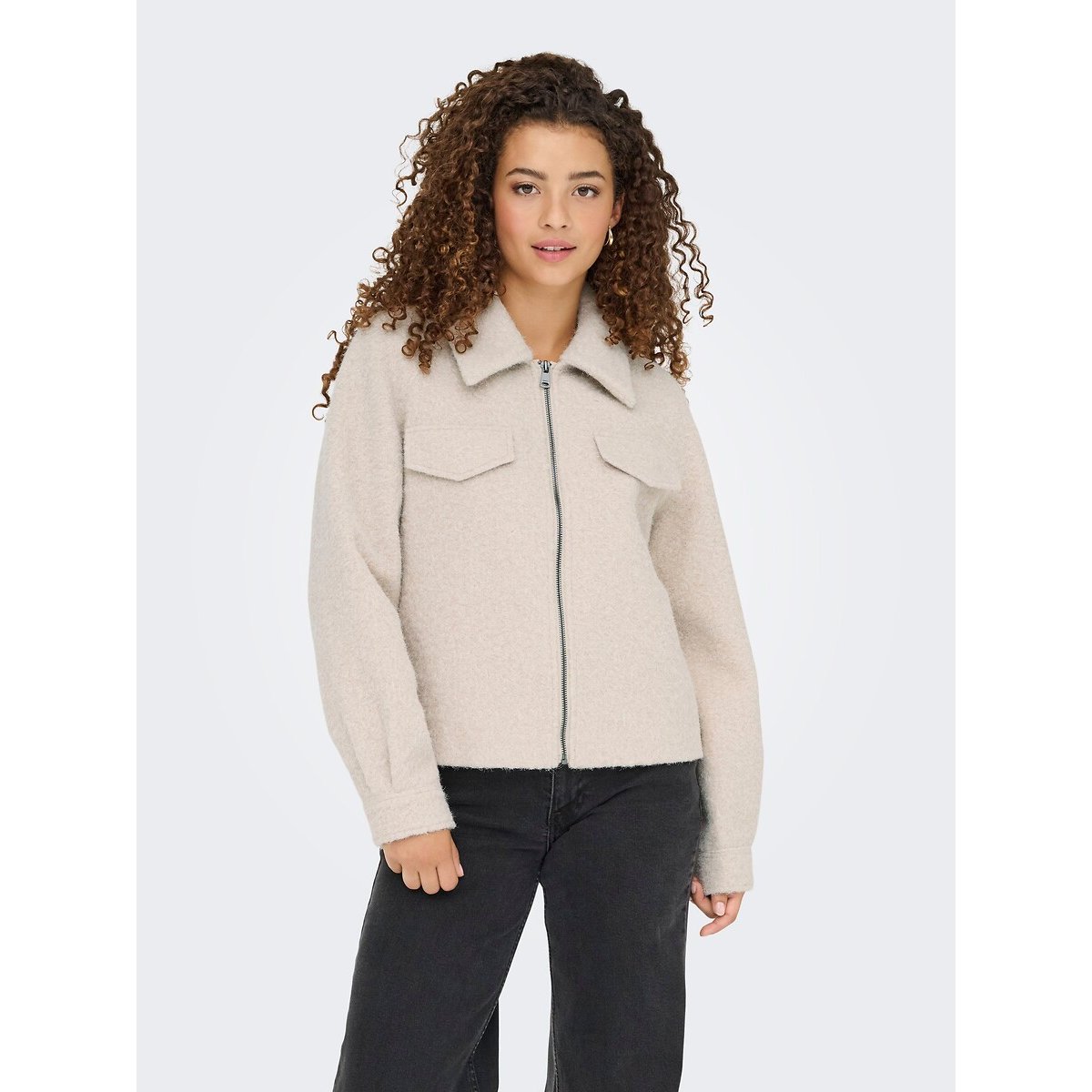 Manteau court zippé col polo beige, ONLY