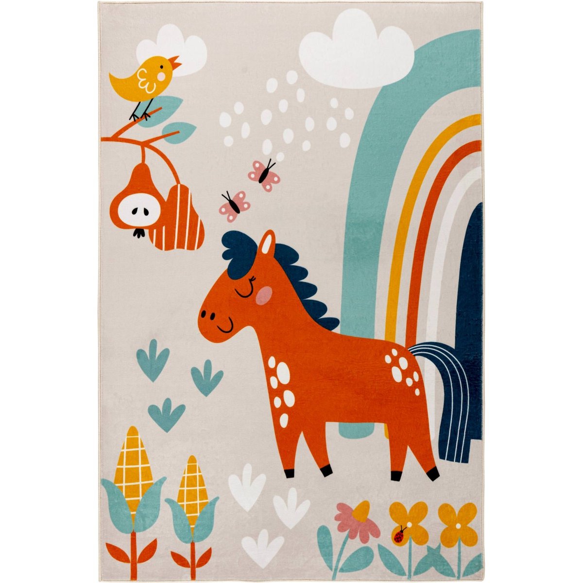 Tapis enfant motif cheval, Rectangulaire beige sable avec motifs multicolores, ARTE ESPINA