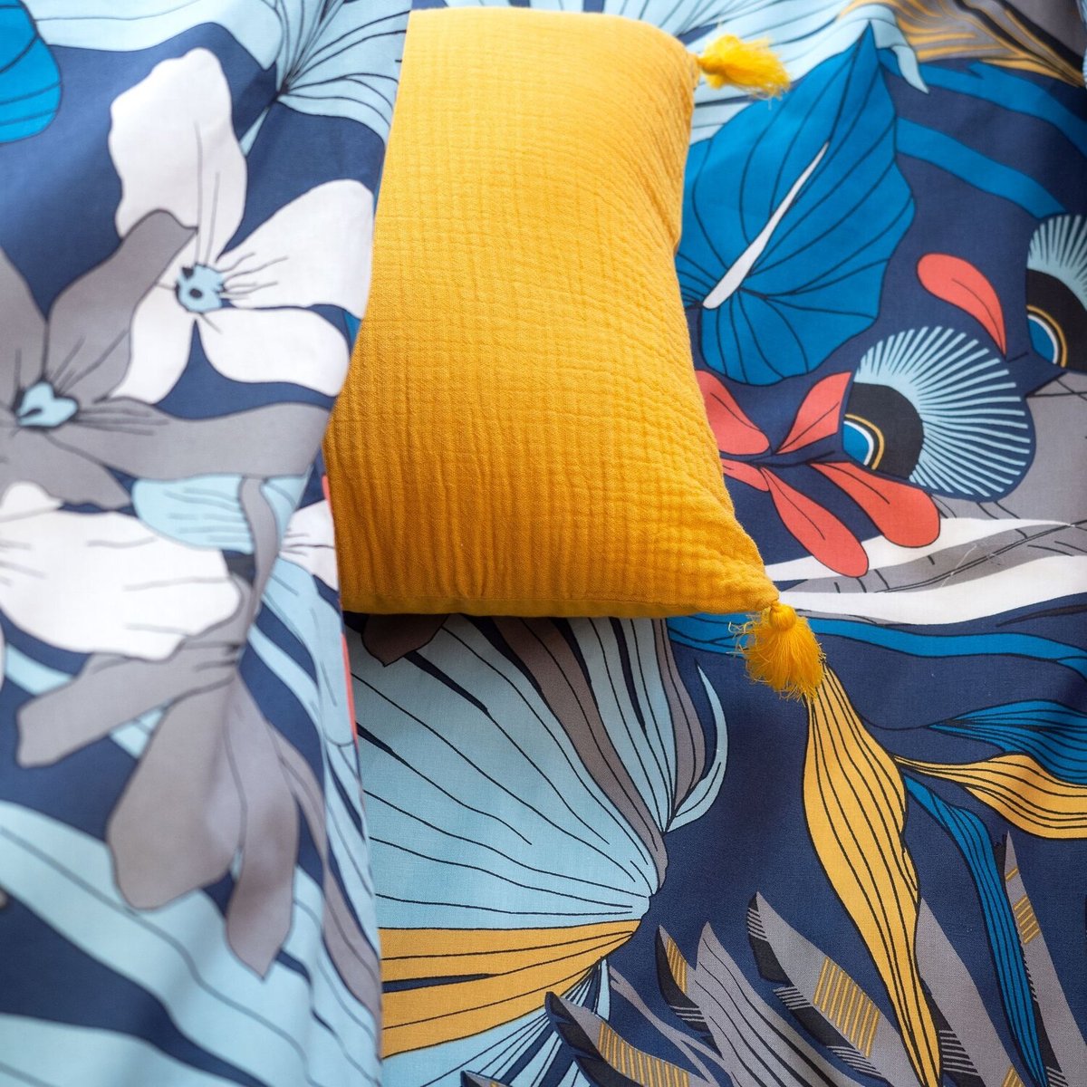 Parure housse de couette en satin de coton imprimée, Parade bleu, C DESIGN HOME TEXTILE