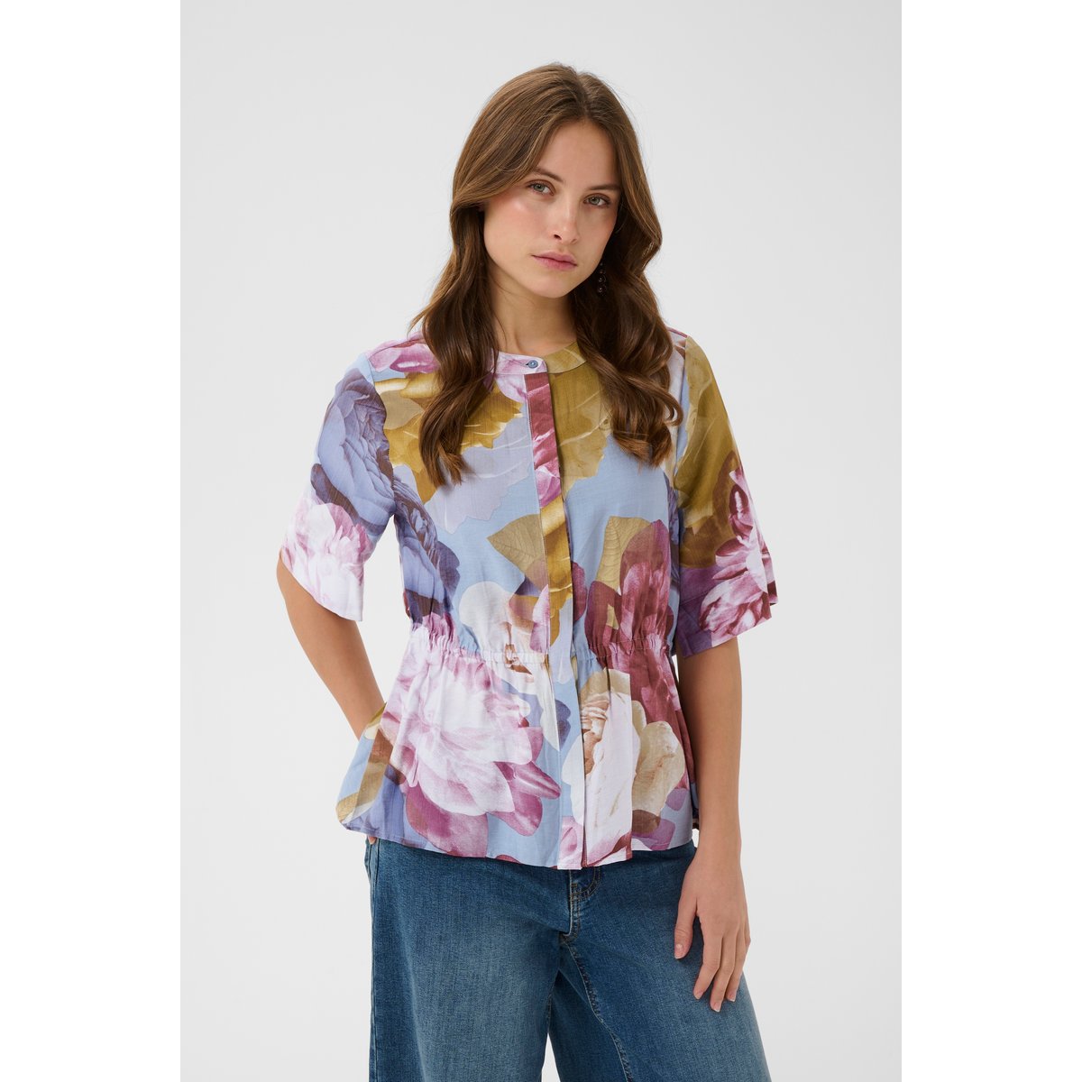 Chemise à manches courtes bleu rose jaune blue/pink/yellow flower, CULTURE