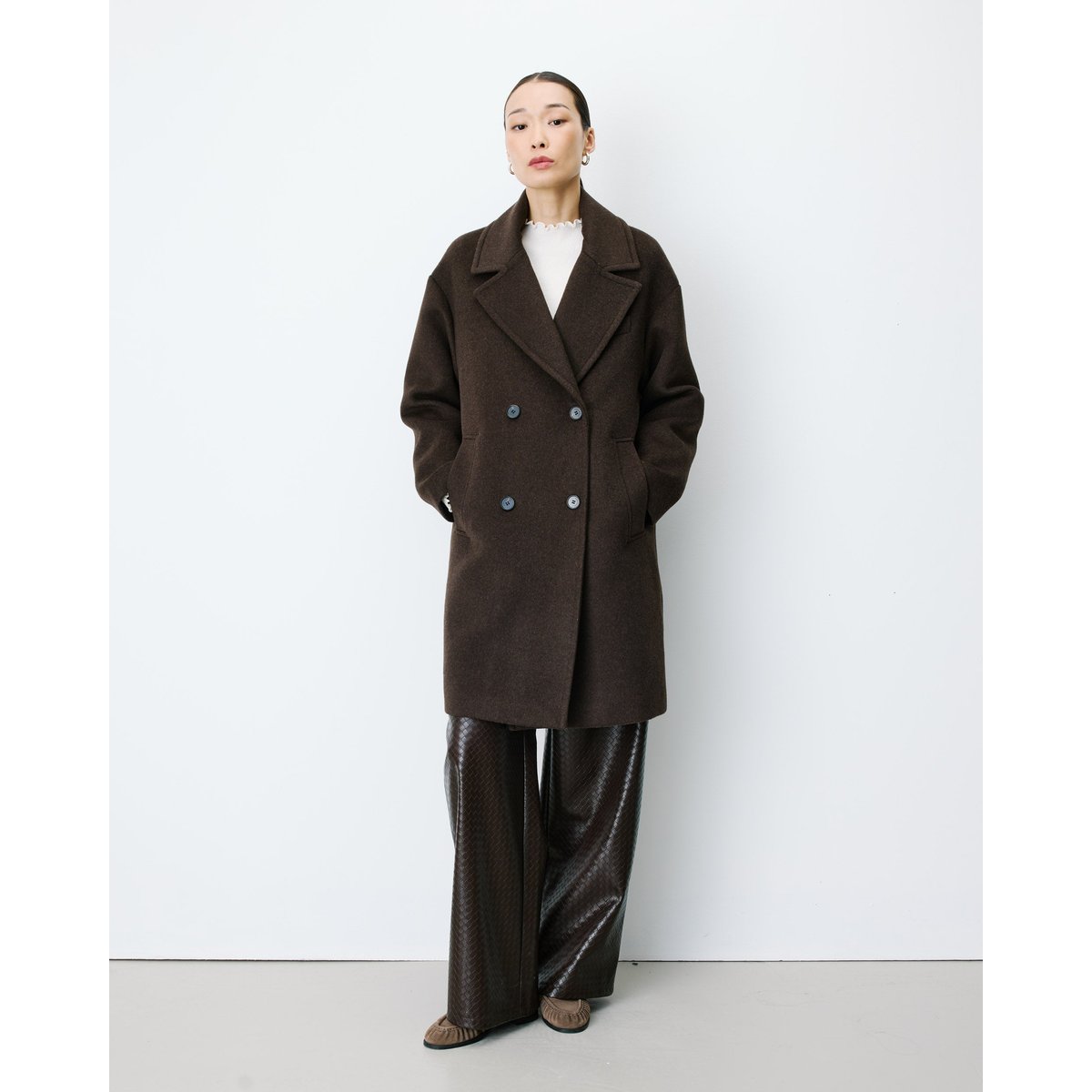 Manteau long croisé en laine mélangée grege Alois chocolat, GRACE & MILA