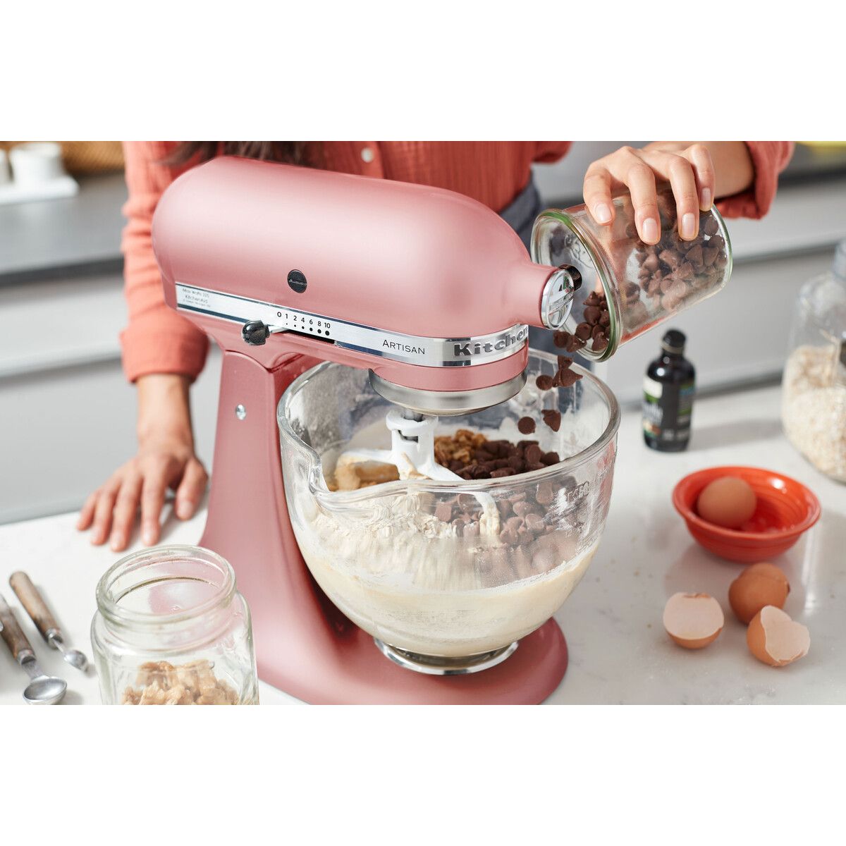 Robot pâtissier 5KSM175PSEDR rose poudré, 4,8 L, bol avec poignée + bol 3 L, batteur souple et couvercle couleur unique, KITCHENAID