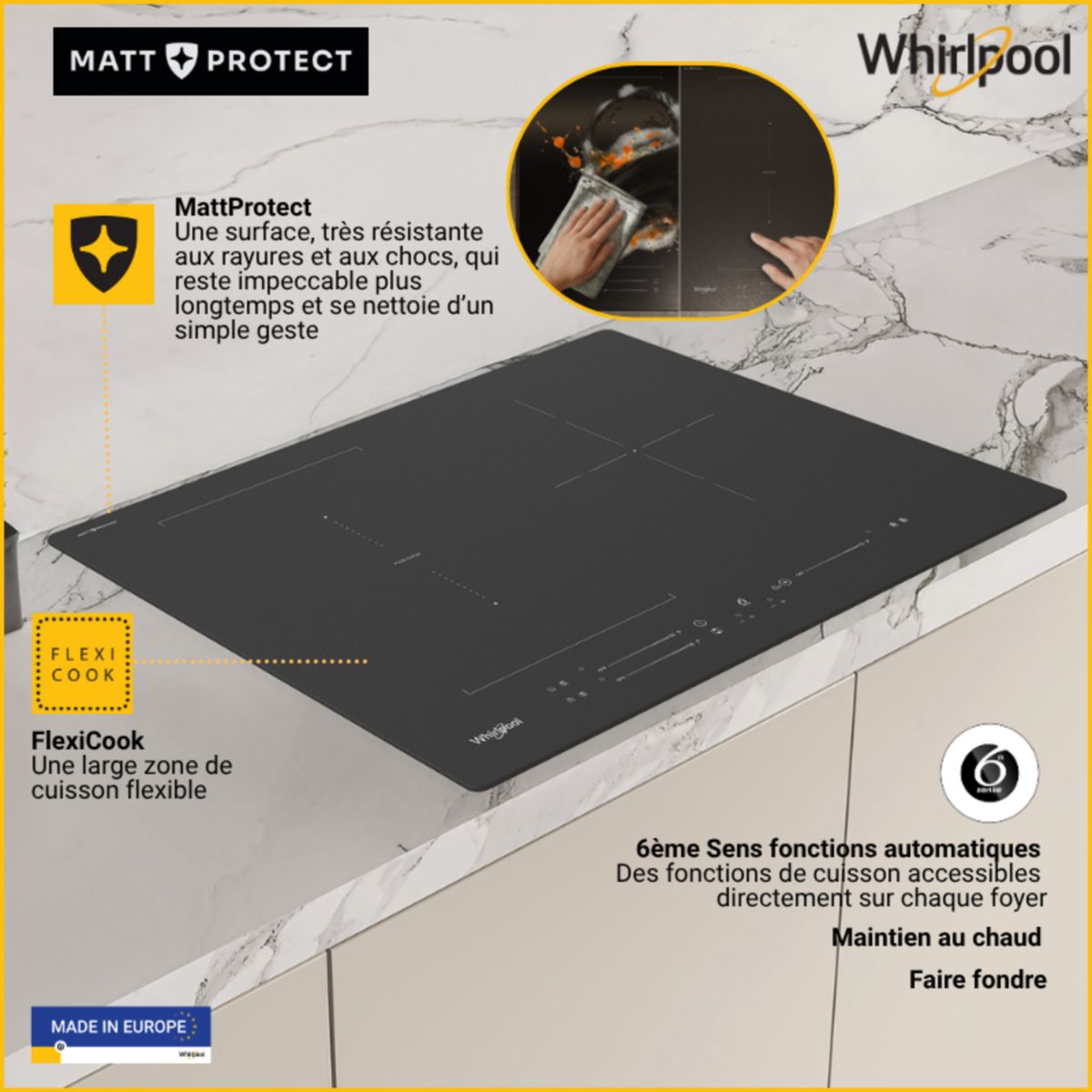 Plaque induction WLS3777NEBM  Matt protect couleur unique, WHIRLPOOL