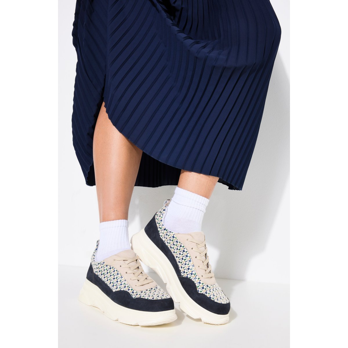 Sneakers en cuir compensées , pied large marine, ULLA POPKEN