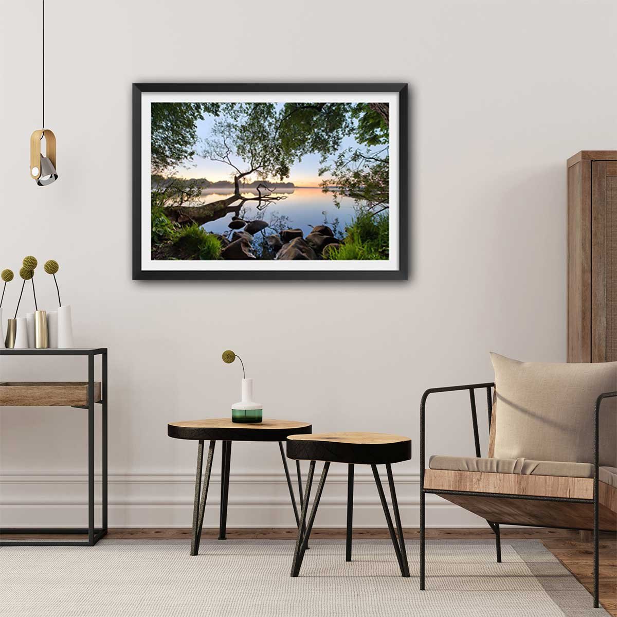 Affiche bord de lac affiche + cadre en bois - noir, HEXOA