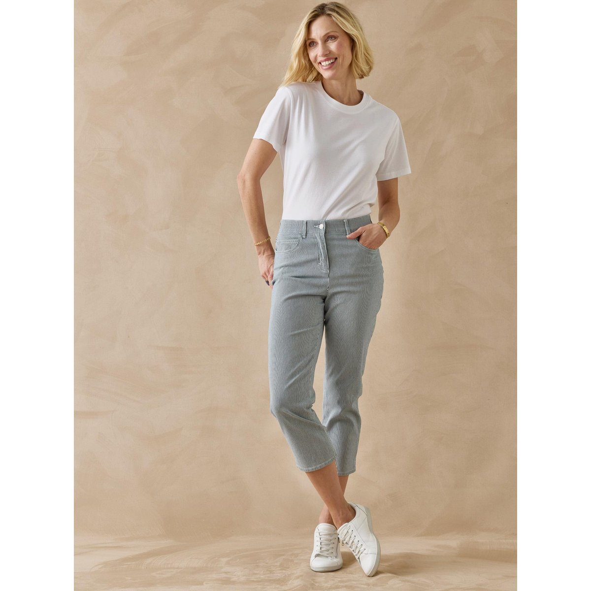 Pantacourt en gabardine avec élastique blanc rayé bleu, DAXON
