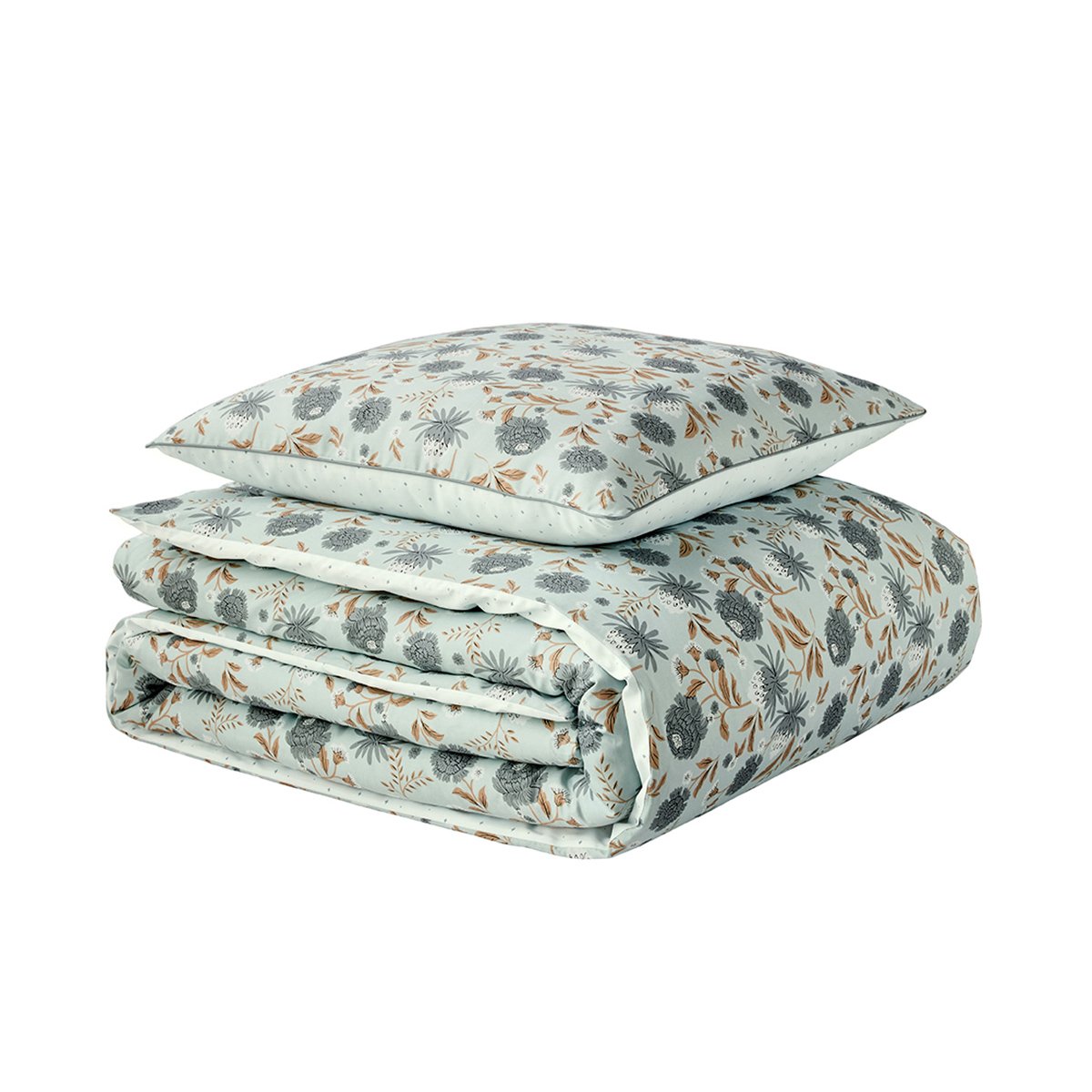 Parure de lit imprimée en satin de coton, taies carrées, ECLOSION bleu moyen, ESSIX