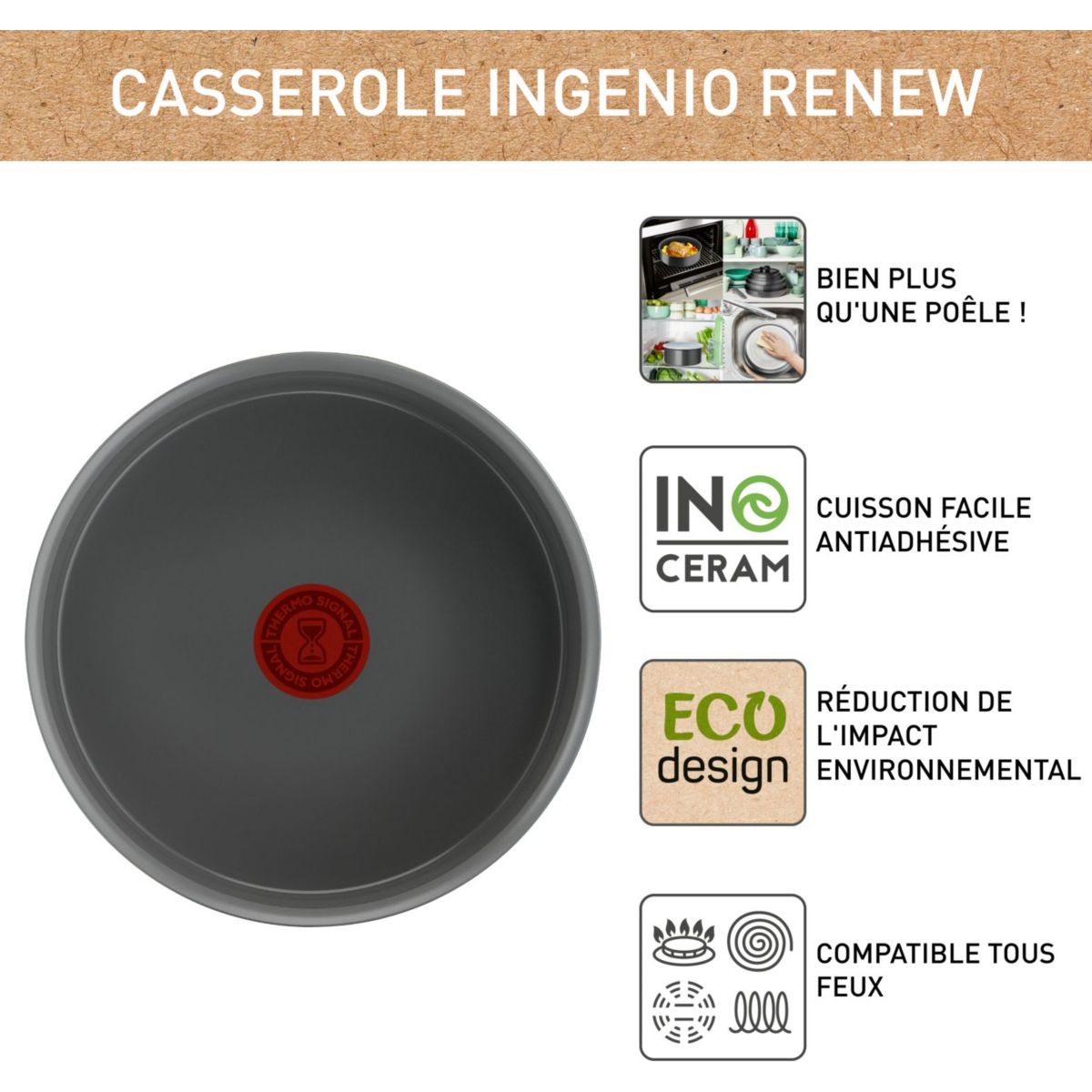Casserole Ingenio Renew 18cm L2602902 gris, TEFAL