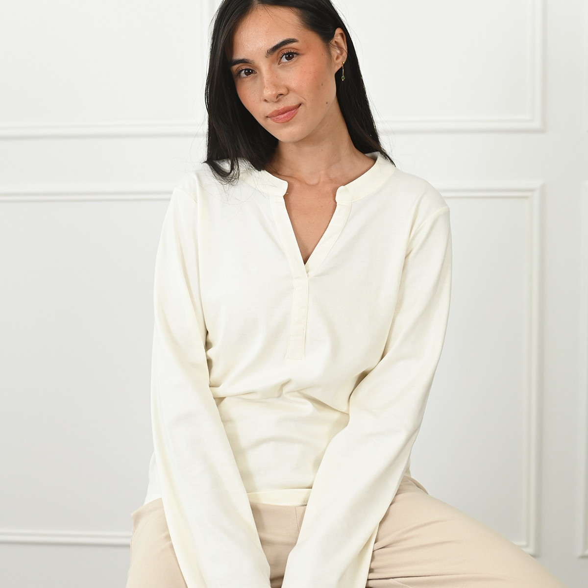Pyjama femme t-shirt manches longues + pantalon en jersey SHEFFIELD sable/ecru, SENSEI MAISON