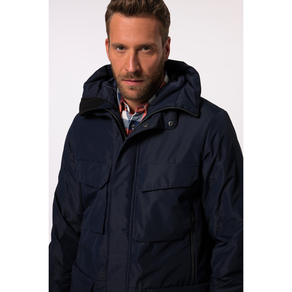 Parka, capuche, nombreuses poches bleu marine, JP1880