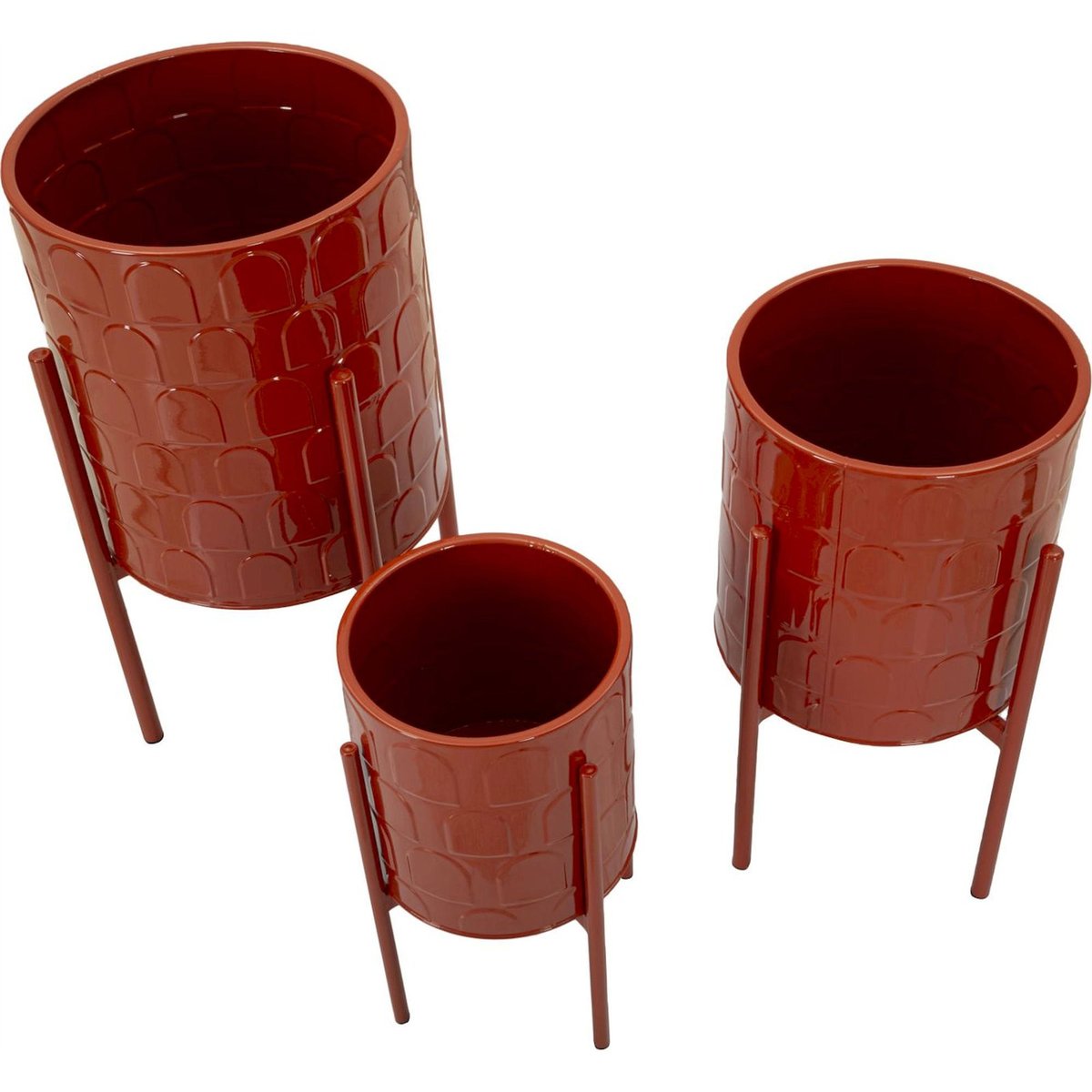 Cache-pots en fer motif arches sur pieds lot de 3 rouge brillant, RECOLLECTION