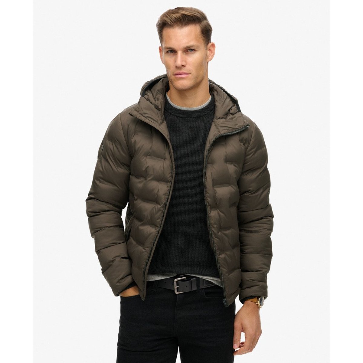 Doudoune matelassée à capuche marron nuit tombée, SUPERDRY