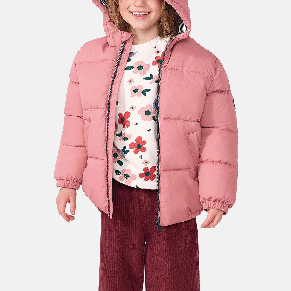 Chaqueta acolchada con capucha rosa palo, PETIT BATEAU