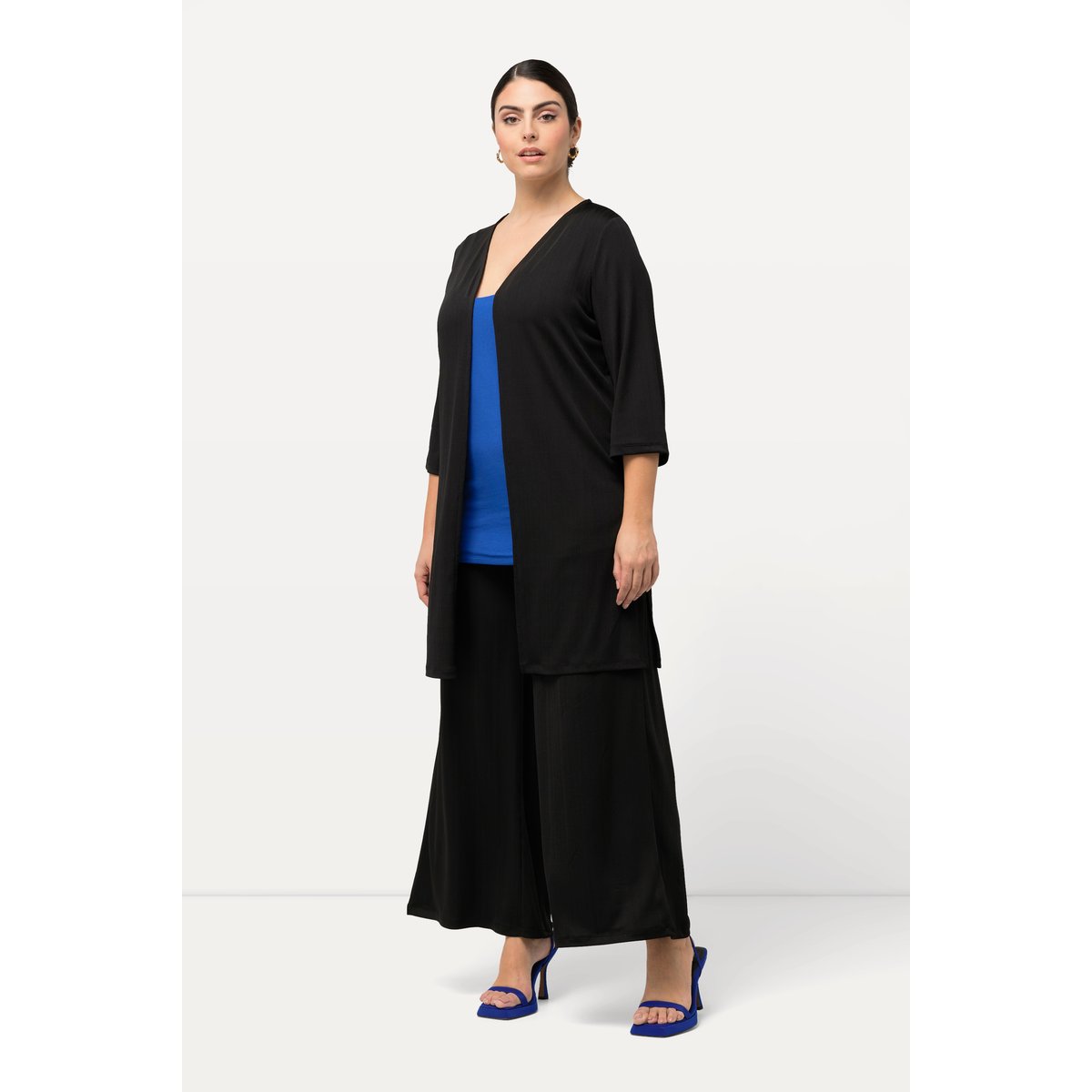 Gilet long en jersey côtelé. Coupe ouverte noir, ULLA POPKEN