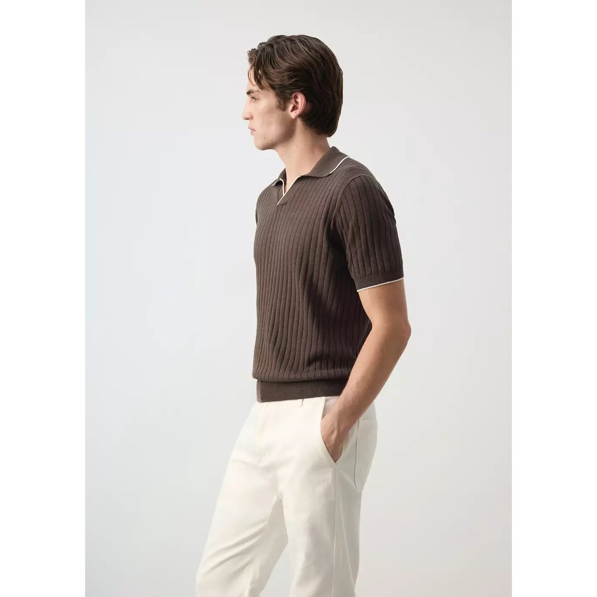 Polo côtelé en mélange de lin et lyocell marron, MANGO MAN