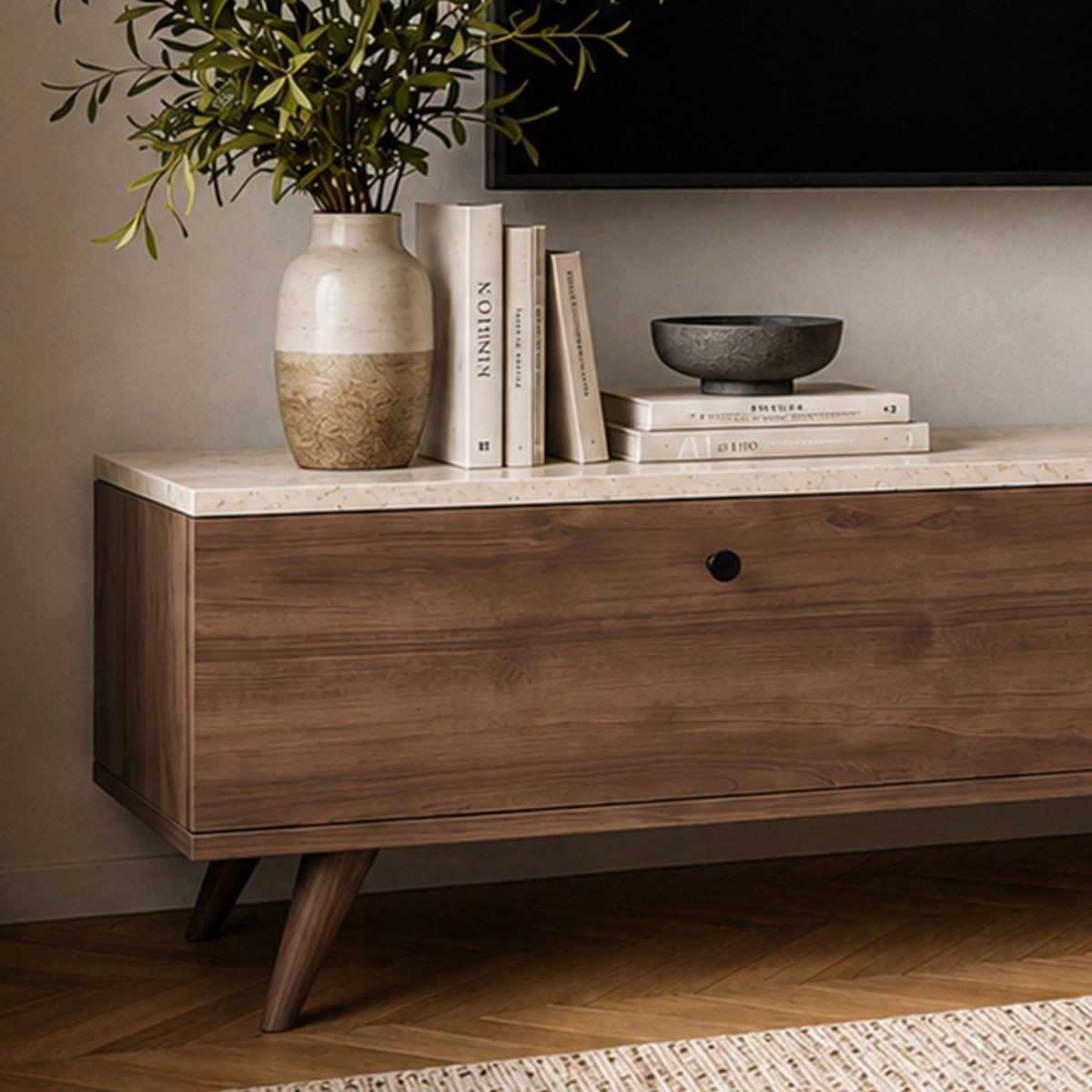 Meuble TV 2 portes plateau effet travertin et bois L160cm- YARA bois foncé, DRAWER