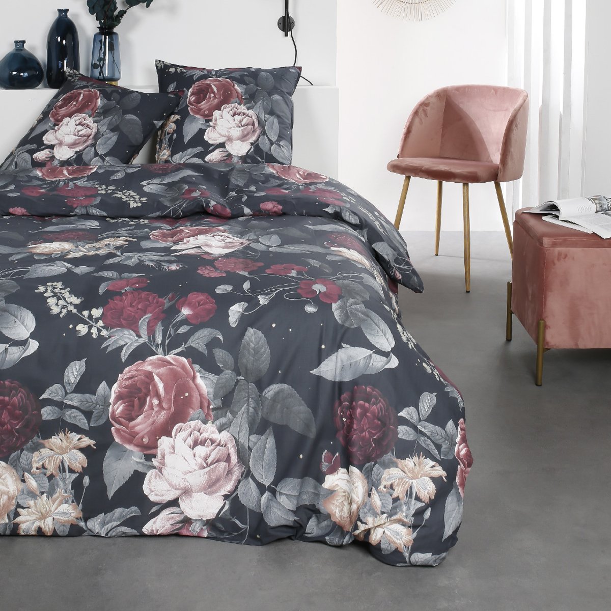 Parure de lit 2 personnes imprimé floral coton SUNSHINE CAMILLE noir, TODAY