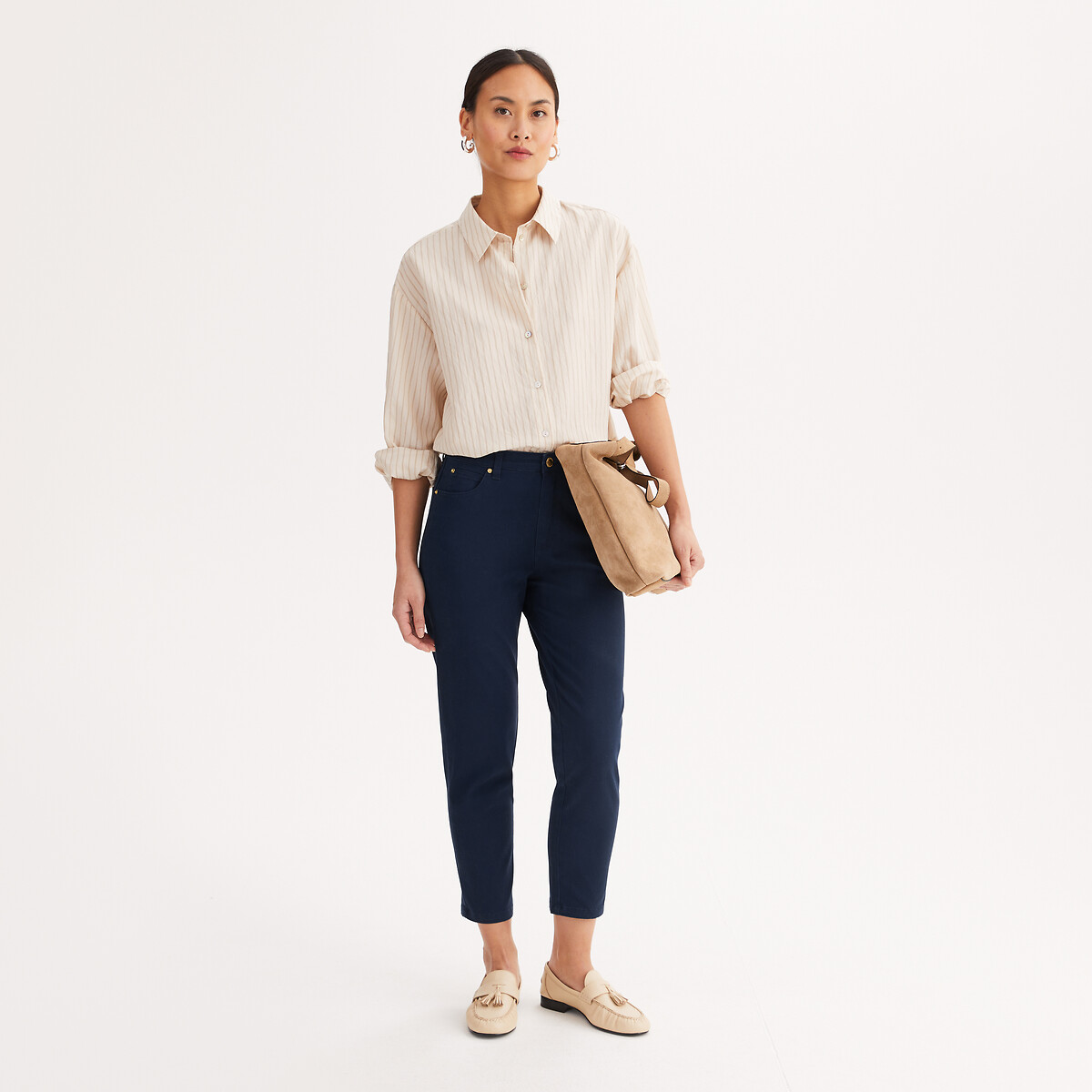 Pantaloni dritti 7/8, cotone stretch navy, ANNE WEYBURN