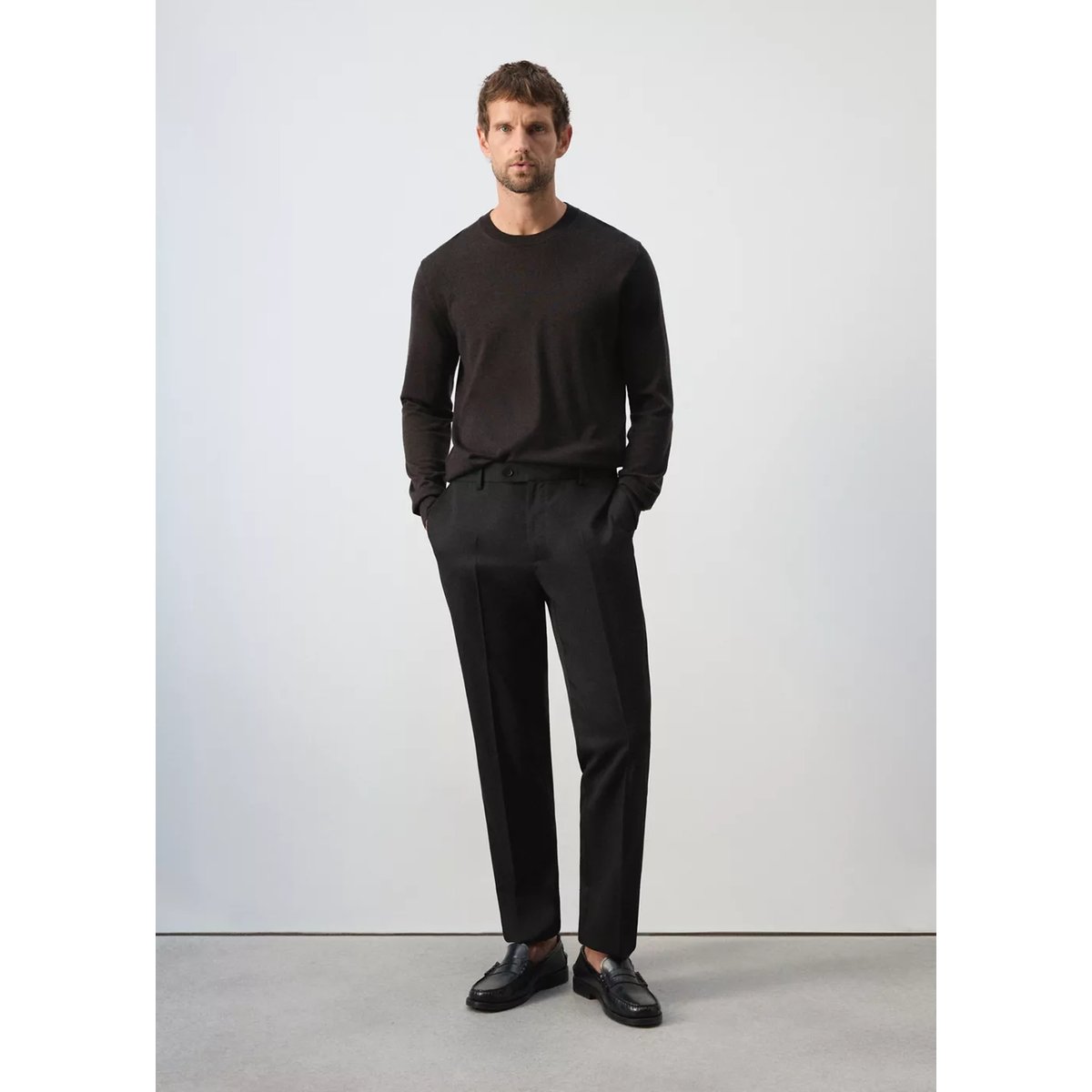 Pantalon coupe regular en mélange de laine noir, MANGO MAN