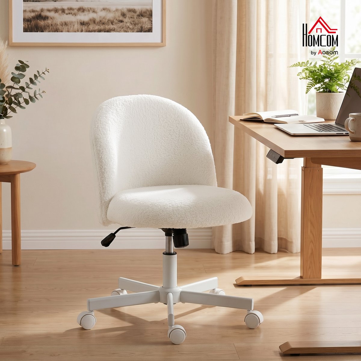 Chaise de bureau Tissu bouclette Blanc Crème blanc crème, HOMCOM