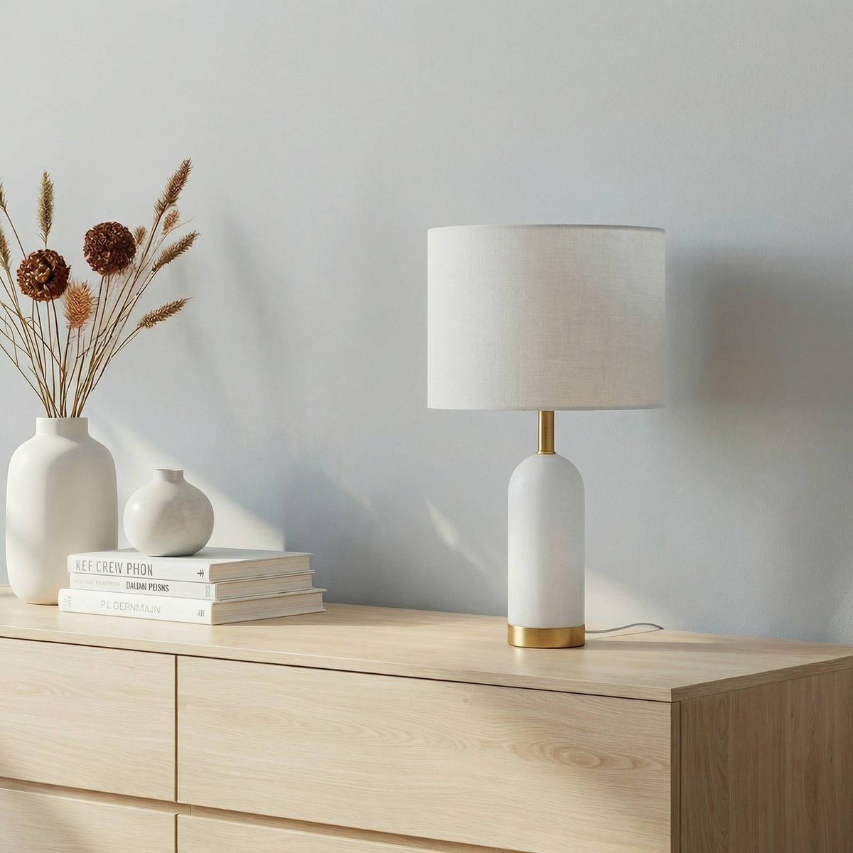 Lampe à poser en textile scandinave blanc, gris, or, LINDBY