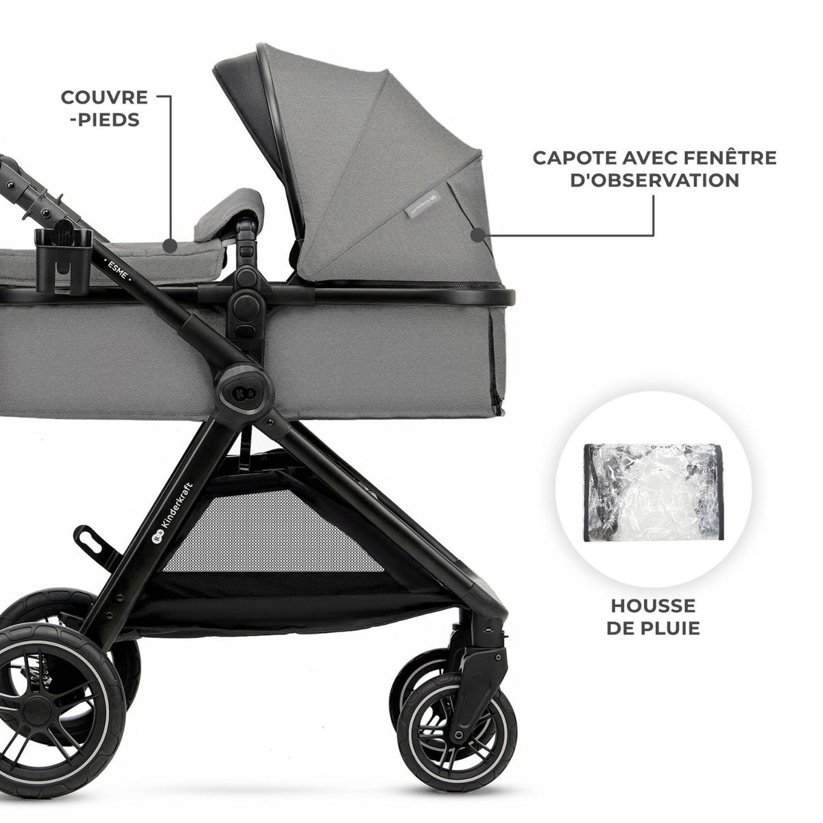 Poussette Esme Pro 3 en 1 gris, noir, KINDERKRAFT