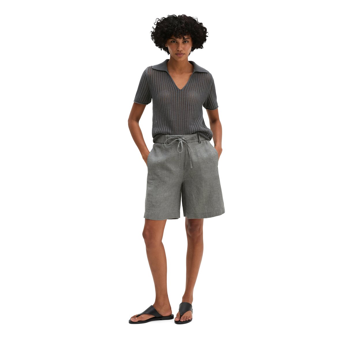 Short en lin droit avec ceinture élastique gris, MARC O'POLO