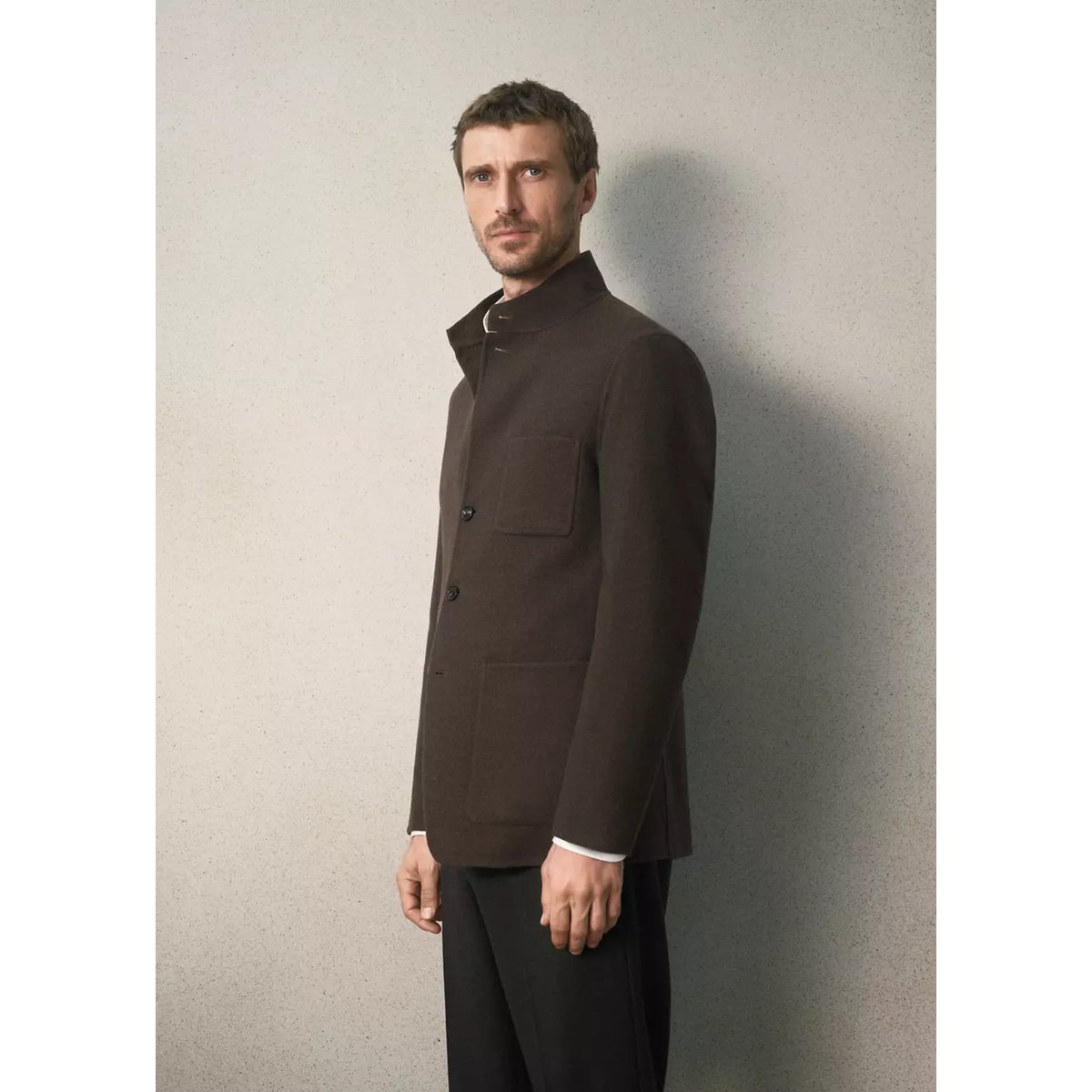 Blazer à col cheminée 100 % laine coupe slim fit marron, MANGO MAN