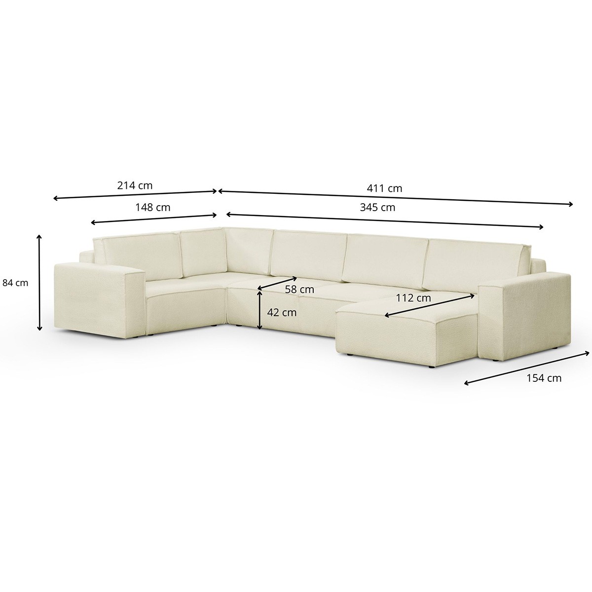 Canapé d'angle gauche convertible 8 places en tissu bouclé - HARPER MOD ecru, HOMIFAB