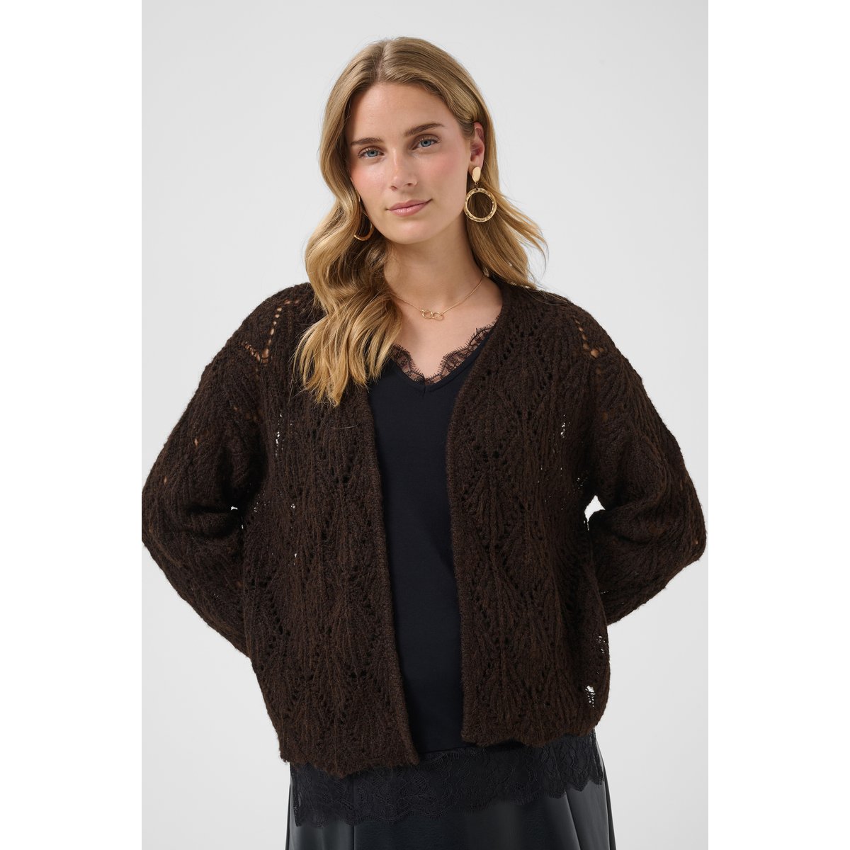 Cardigan à tricot marron java melange, CREAM