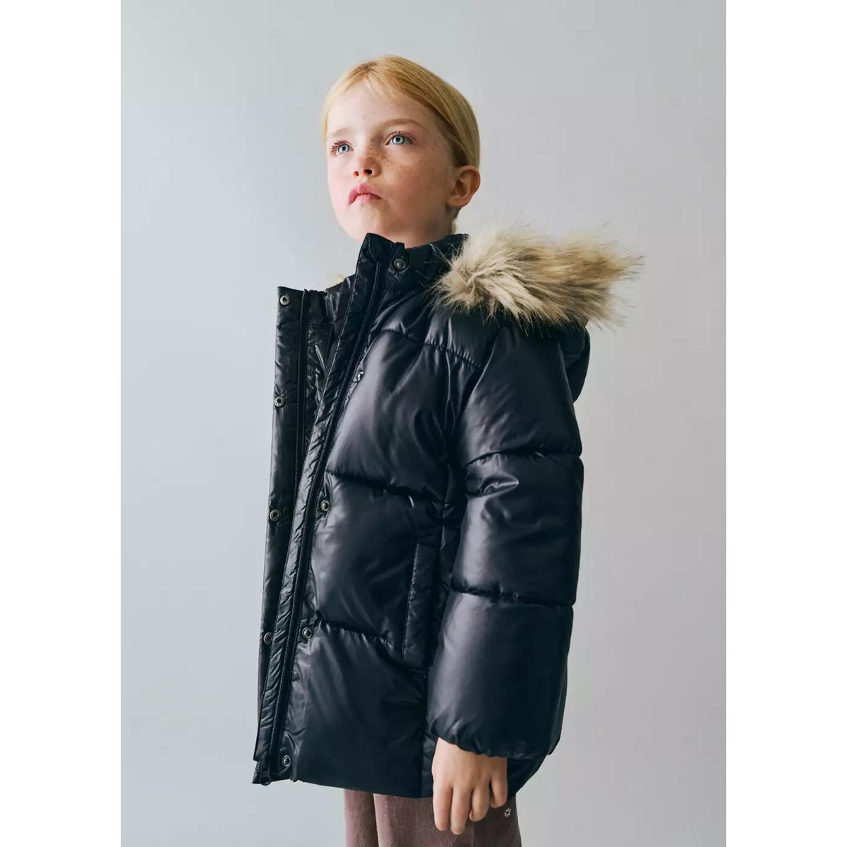 Anorak matelassé capuche imitation fourrure bleu marine, MANGO BABY