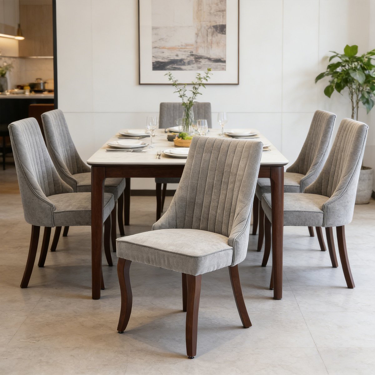 Lot de 6 chaises de salle à manger en tissu chenille avec pieds bois, GERRYB gris, MEUBLES COSY